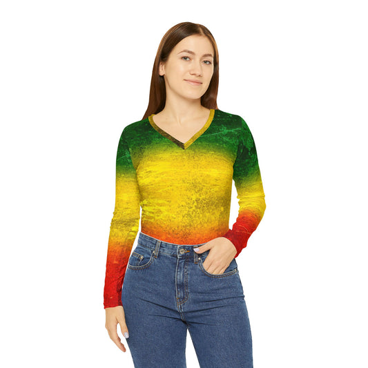 Rasta V-Neck Long Sleeve Shirt - Colorful Gradient Design for Women