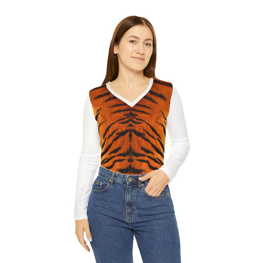 Fierce Tiger Print Long Sleeve V-Neck Shirt for Women